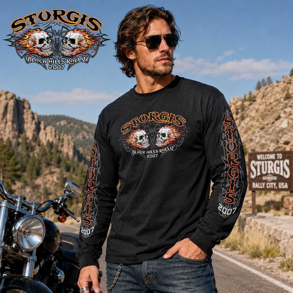 Vintage Sturgis Biker Shirt Mens 2XL Black Flame Skulls 2007